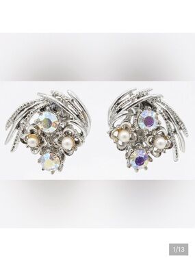 Vintage Aurora Borealis Rhinestone & Faux Pearl grandmacore Clip-On Earrings